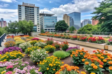 Vibrant flowers of every color bloom in an urban oasis, surrounded by city buildings, showcasing nature's beauty thriving amidst concrete and steel landscapes.