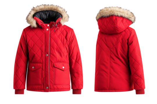 Sleek red winter coat front and back mock up with fur lined hood and zipper details isolated on transparent background 