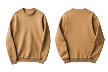Stylish camel pullover front and back mock up with crew neck and clean design isolated on transparent background 