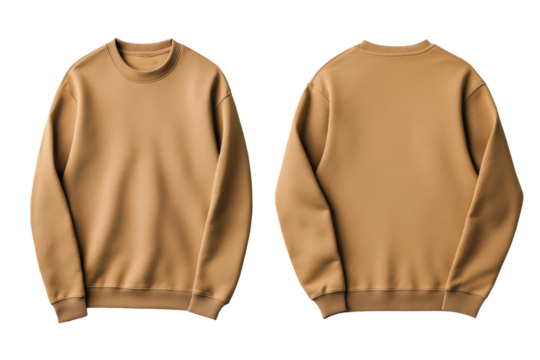 Stylish camel pullover front and back mock up with crew neck and clean design isolated on transparent background 