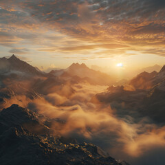 Obraz premium Generative AI illustration. A beautiful sunrise over the mountains