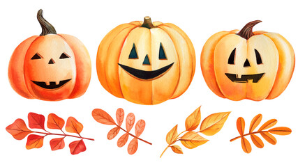 Halloween pumpkins set watercolor on isolated background. Hand drawn funny pumpkins and leaves. Happy Halloween clipart