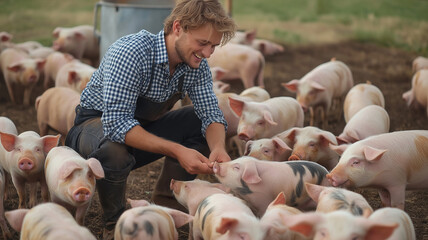 Farmer Feeding Piglets