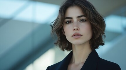 Fototapeta premium Portrait of a beautiful young woman with short brown hair looking directly at the camera.