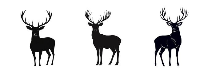 Collection of three isolated black silhouettes of deer with large antlers on a transparent background, ideal for Christmas designs
