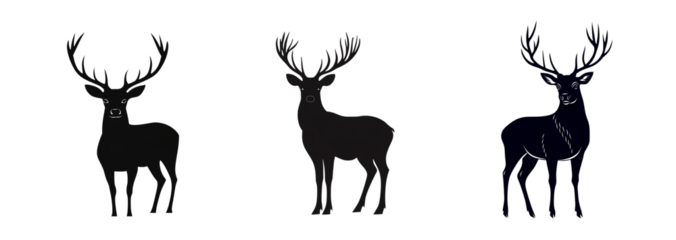 Collection of three isolated black silhouettes of deer with large antlers on a transparent background, ideal for Christmas designs