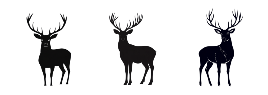 Collection of three isolated black silhouettes of deer with large antlers on a transparent background, ideal for Christmas designs