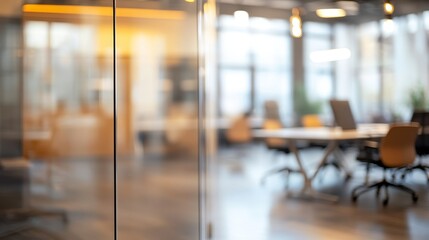 Modern office interior with glass walls and empty workstations in a collaborative space
