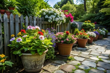 Vibrant colorful flower pots overflowing with blooming flowers and lush greenery against a warm sunny garden background with rustic stone pathway and wooden fence.