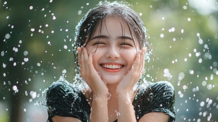 Obraz premium A young woman with a big smile on her face gets splashed with water.