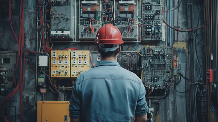 Obraz premium Industrial Worker Inspecting Electrical Panels at Power Station – Engineering, Maintenance, and Safety in Energy Infrastructure