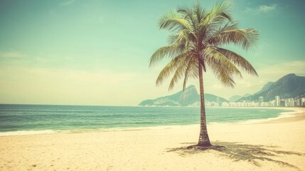 Obraz premium Solitary palm on Rio's Ipanema Beach, vintage