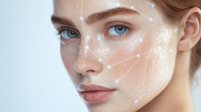 A young woman with clear, glowing skin poses while displaying intricate digital lines across her face, highlighting facial features.