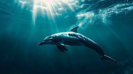 A dolphin swimming in the ocean with the sun shining through the water