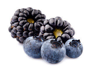 Fresh ripe berry in closeup. Black berries. Blackberries and blueberries on white background.