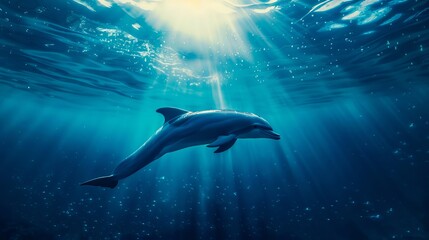 A dolphin swimming in the ocean with the sun shining through the water