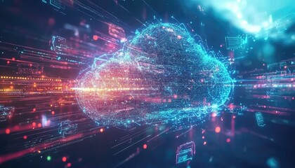 Abstract 3D cloud computing concept with glowing lines and digital data.