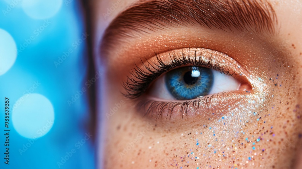 Poster a woman's eye features striking blue iris and shimmering glittery makeup, enhanced by a soft blue an