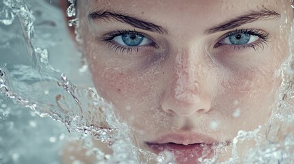 Close-up of a woman's face with water splashing around her.