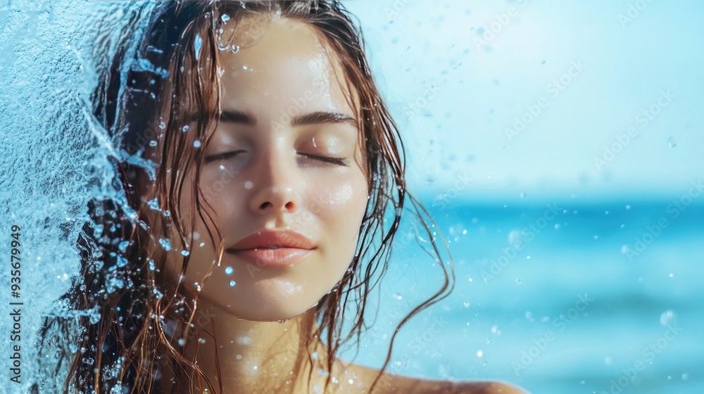 Sticker Close-up portrait of a young woman with her eyes closed, surrounded by water droplets, against a blue background.