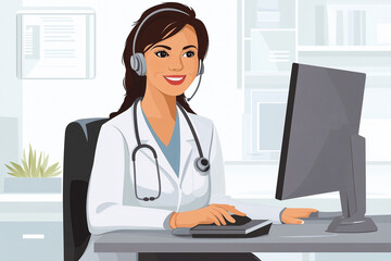 Vector graphics illustration of a female doctor sitting on a desk in front of a computer looking at me, wearing headphones, business style illustration for a webpage, no background 