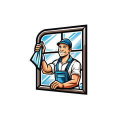 A happy man in work clothes cleaning a window with a cloth.