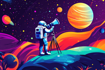 Obraz premium A whimsical illustration of an astronaut using a telescope to explore a vibrant, colorful cosmic scene filled with planets, stars, and galaxies. 