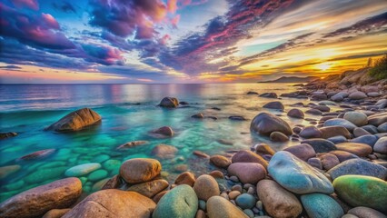 Vibrant rocks in shades of emerald, amethyst, and turquoise line the serene shoreline, juxtaposed against a soft pastel sunset sky, evoking tranquility and peacefulness.