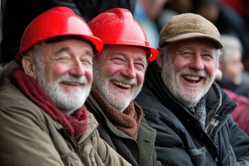 Fototapeta premium Joyful camaraderie at a local event featuring three elderly men wearing bright red hard hats, showcasing their playful spirits and sense of community amidst a lively gathering