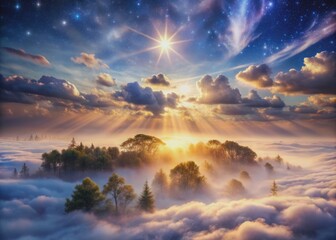Fototapeta premium Ethereal luminescence surrounds a wispy, dreamlike landscape as soft, white clouds envelop a shimmering aura, evoking a sense of mystical wonder and serenity.