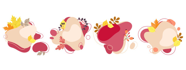 Autumn badges or frames banners with copy spaces for text set. Colored fall leaves compositions.Creative Design template for sale,promo badges,event invitations, discount stickers, advertising .Vector