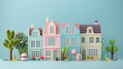 Pastel-Colored Miniature Houses in a Toy Town Setting.