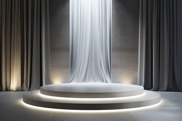 A minimalistic empty podium, illuminated by soft white light, against a background of gray walls and curtains, ready for a fashion show
