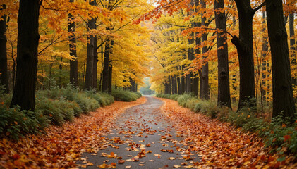 Autumn road through a forest with falling leaves