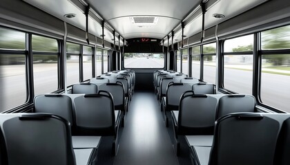 Obraz premium A photograph of the interior space inside an empty modern minibus with blue seats 