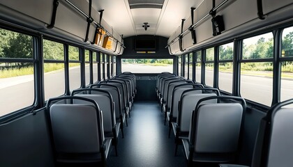 Fototapeta premium A photograph of the interior space inside an empty modern minibus with blue seats 
