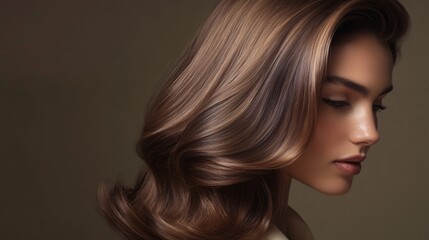 Naklejka premium A young woman shows off her long, lustrous hair, elegantly styled and cascading down one side of her face.