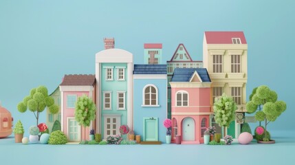 Fototapeta premium Colorful cartoon houses on a blue background.