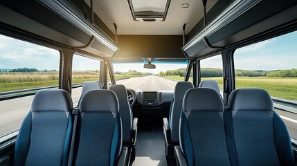 A photograph of the interior space inside an empty modern minibus with blue seats 