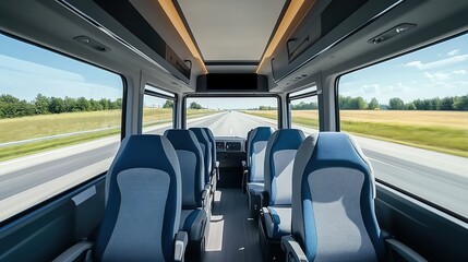 A photograph of the interior space inside an empty modern minibus with blue seats 