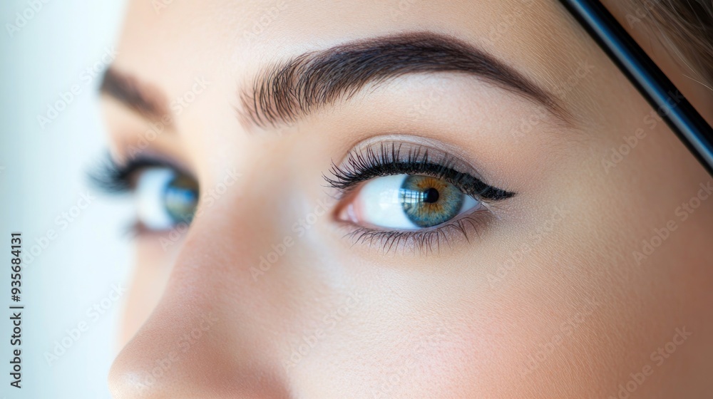 Wall mural Close up of a woman's blue eye with long eyelashes and defined eyebrow.