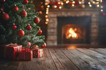Christmas tree with red ornaments on a wooden table, with a blurred background of a cozy room decorated for Christmas with a fireplace and gift boxes, banner space. Xmas theme for a product display