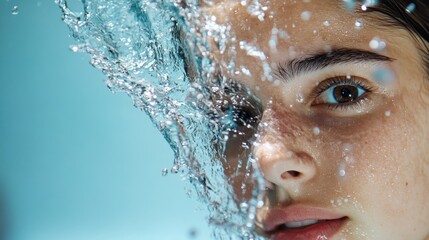 Closeup of a woman's face with water splashing around her.