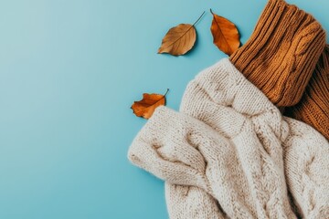 Warm and Cozy: Embrace Winter with Stylish Cable-Knit Sweaters and Autumn Leaves on a Cool Blue Background