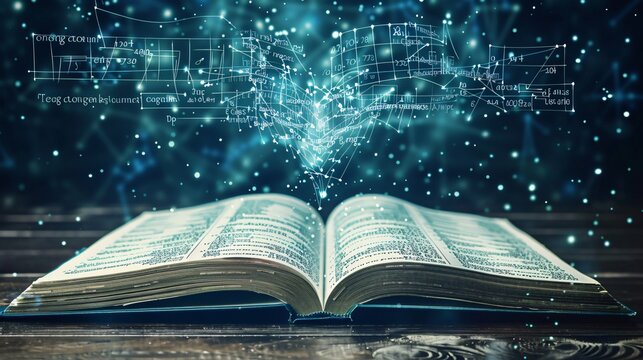 open textbook with digital formulas