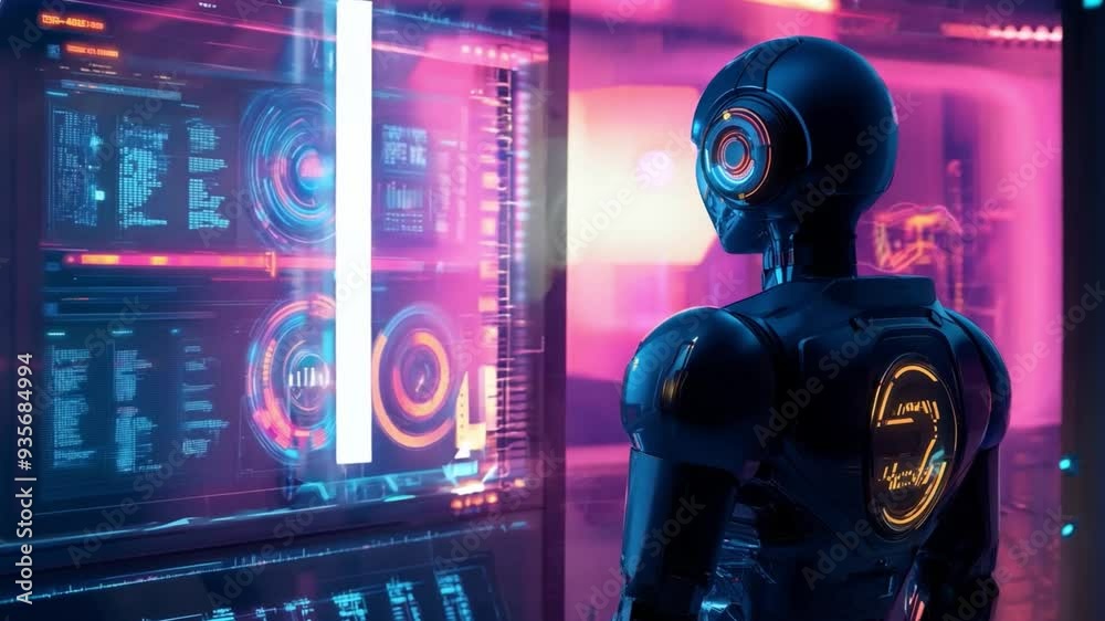 Poster a robot analyzes data on a glowing digital screen surrounded by colorful lights and high-tech interf