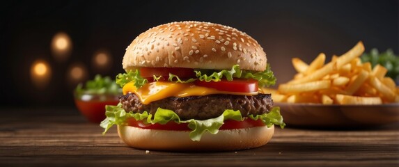 Juicy Cheeseburger with Lettuce, Tomato, and Sesame Seed Bun