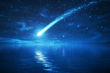 A bright shooting star streaks across a starry night sky, reflecting beautifully on a calm, peaceful ocean below.
