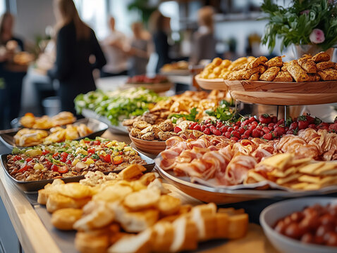 A bustling buffet spread showcasing a variety of fresh pastries, fruits, and salads during a lively brunch event in an elegant setting