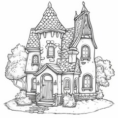 Whimsical cartoon house with turrets and trees. Black and white line art illustration. Fairy tale architecture concept. Design for coloring book, poster, and print. Generative AI